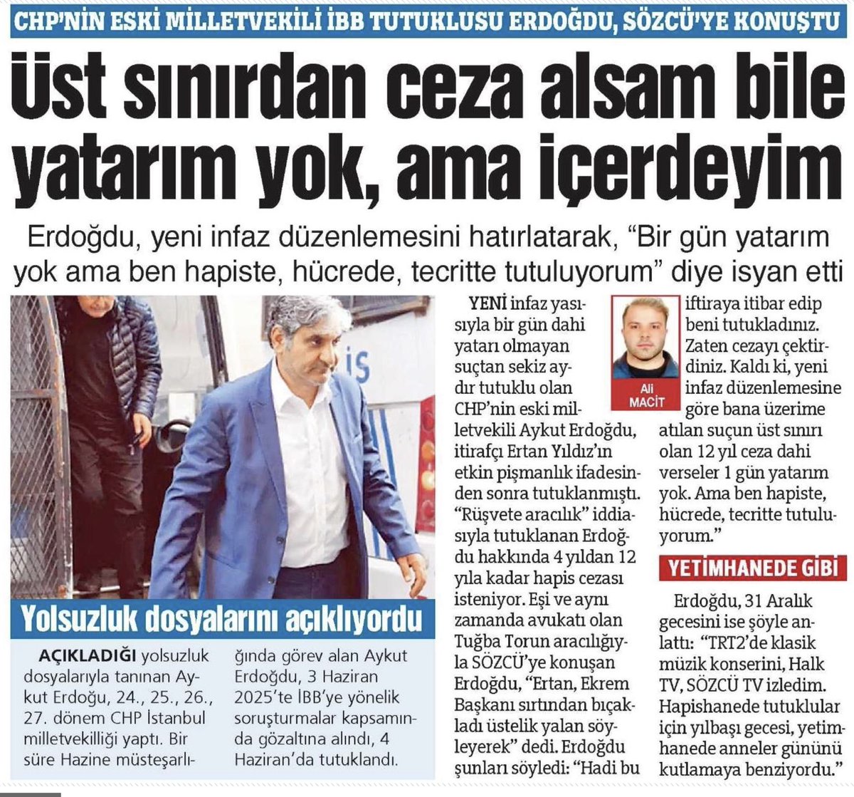Rüşvete aracılık etmekten tutuklanan CHP eski milletvekili Aykut Erdoğdu, suçu kabullenmiş. "Üst sınırdan bile ceza alsam, yatarı yok" diyor.. 
Adamlar hesabı kitabı, suçu işlerken yapmışlar.. "Şunun cezası bu kadar. Bunun cezası o kadar. O cezayı aldığımda, içerde yatar mıyım.