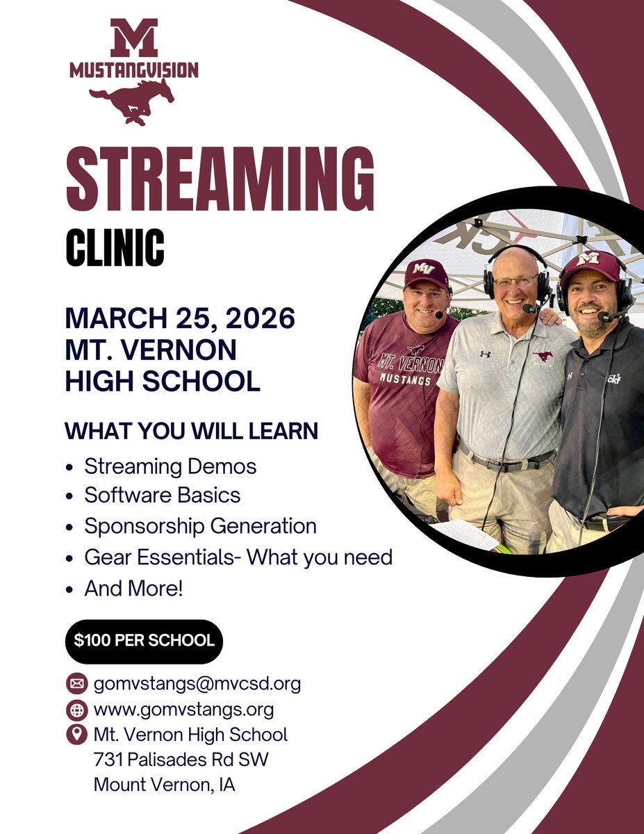 Mustangvision1's tweet photo. For anyone looking to advance their high school broadcasts in the Midwest. This is the opportunity for you! Our broadcasts last year had over 55,000 views and generated over $28,000 in sponsorship revenue! 
Link to Register: https://t.co/5EacUYg21R https://t.co/JP5nZddTgq