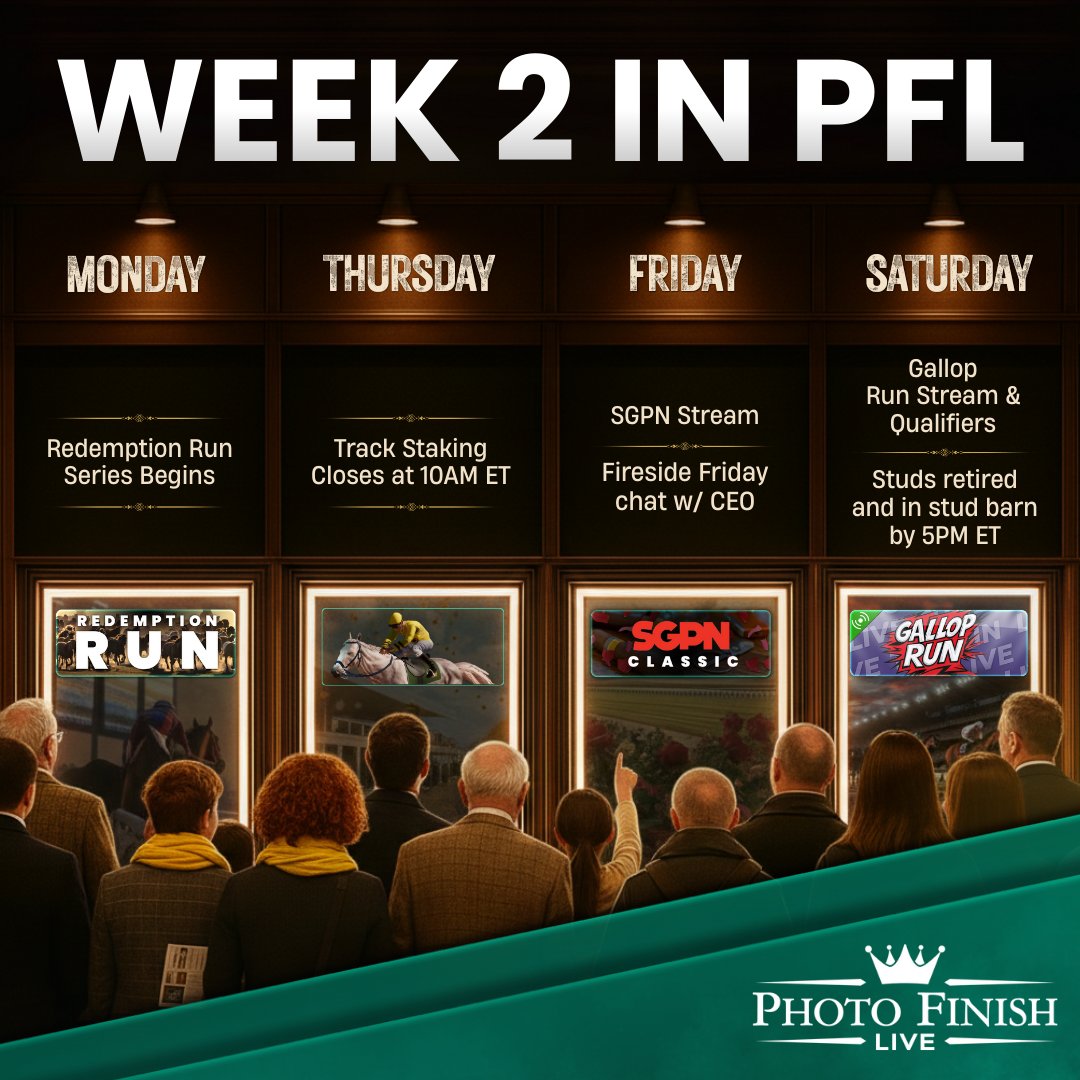Week 2 of season 37 kicks off in PFL!  
🐎 Redemption Run kicks off 
🌹 Major qualifying ongoing! 
💸 $Crown staking closes at 10am Thursday
📺 Streams later in the week 
 ♂️Studs into the stud barn by 5pm ET Saturday

 Let's see what else comes with the week! 🏇🤑💧