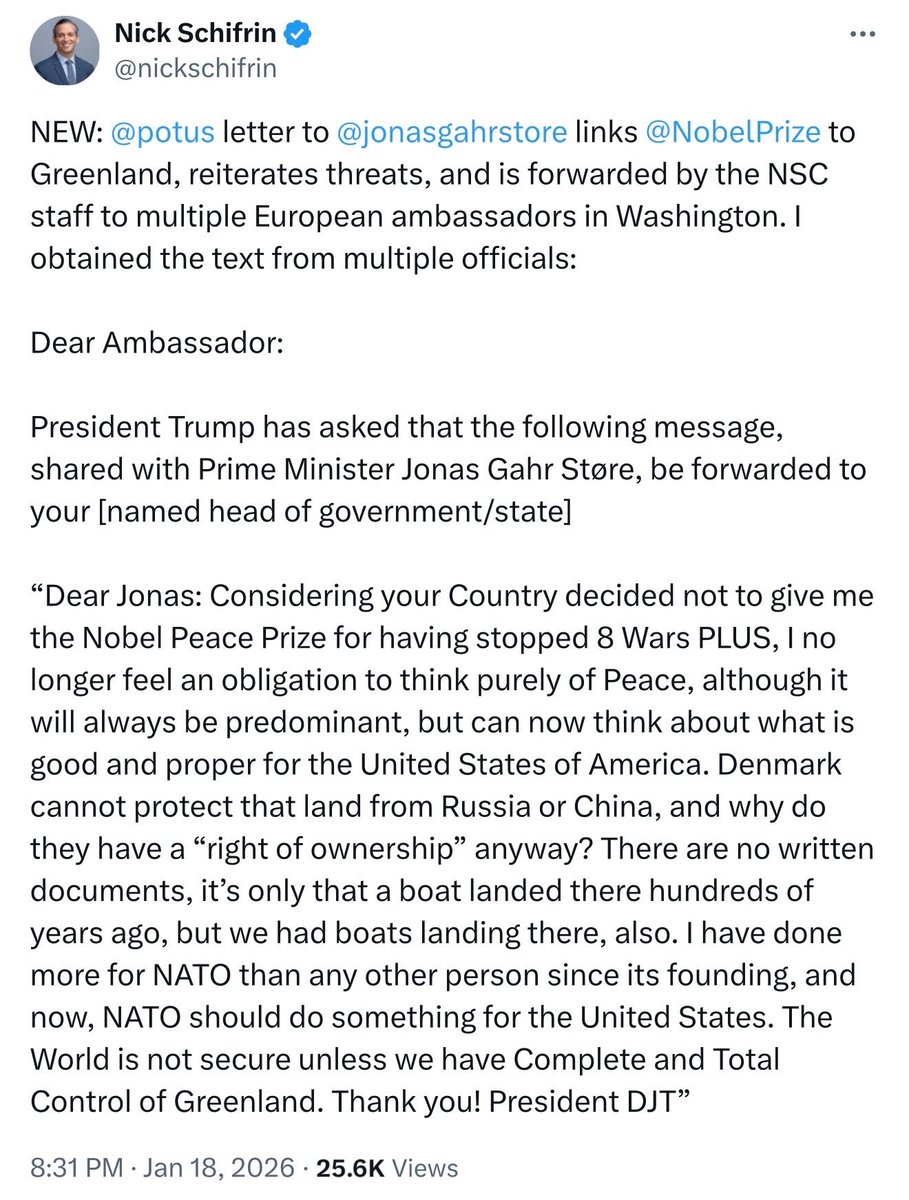 elvin_calcano24's tweet image. Trump básicamente le dice en una carta al primer ministro de Noruega que como no le dieron el Nobel de la paz ahora ya no le importa la paz y, por tanto, puede tomarse a la fuerza Groenlandia...Un narcisista de extrema derecha que tiene la mentalidad de un niño de 5 años…