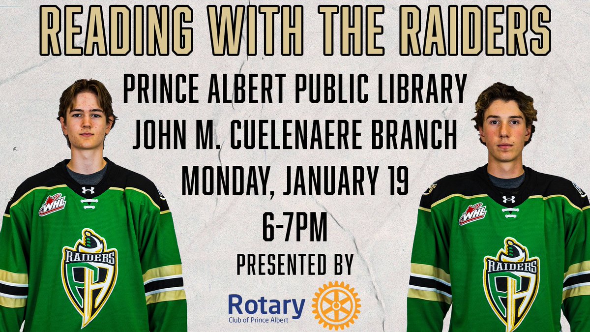 PARaidersHockey's tweet image. Join Steele Bass and Jonah Sivertson at the Prince Albert Public Library for Reading With The Raiders tonight! They'll be there from 6-7pm. There are only two dates left, so make sure to fill your reading logs for a chance to win prizes!
