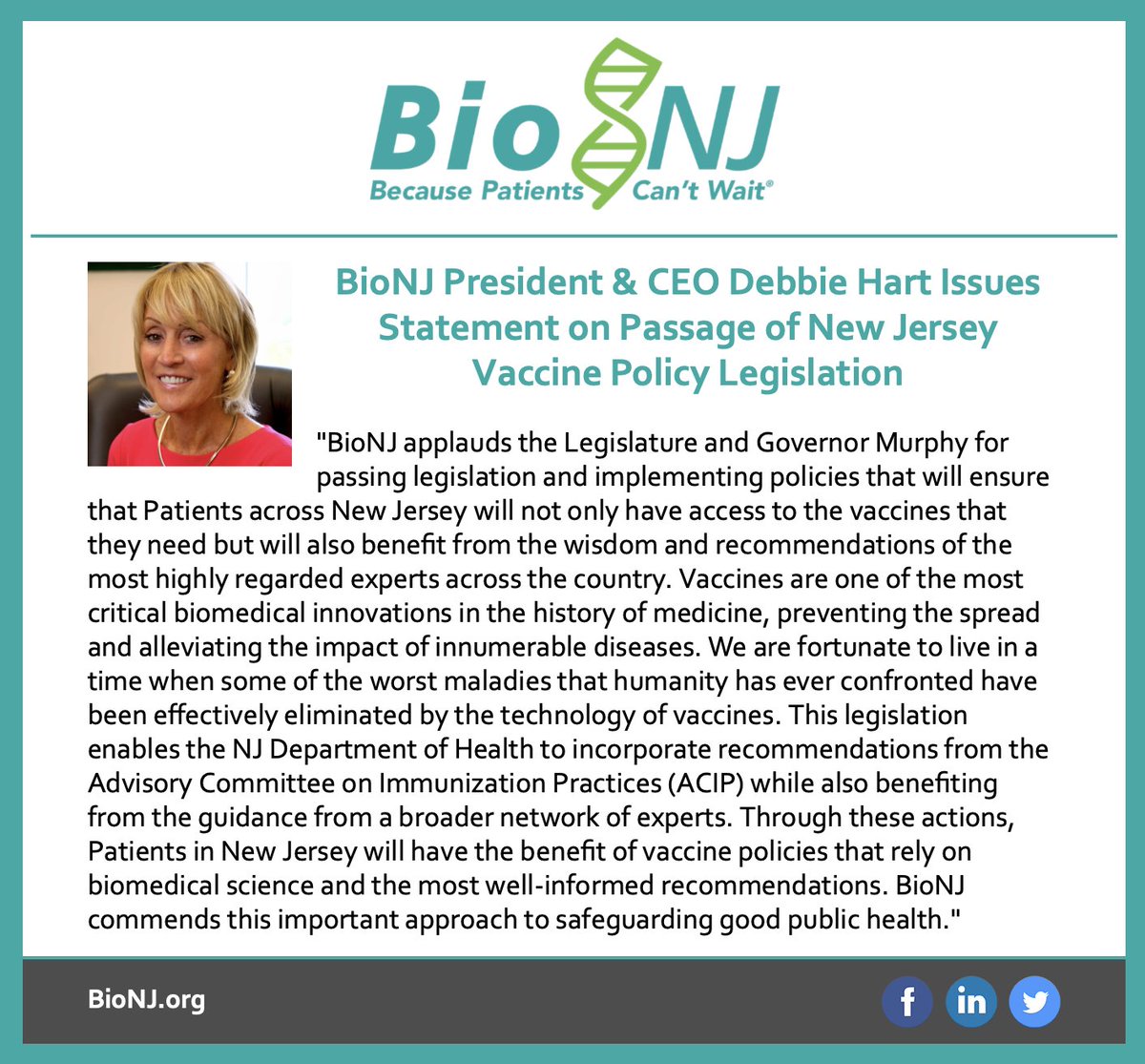 BioNJ_Org's tweet image. BioNJ President &amp;amp; CEO Debbie Hart Issues Statement on Passage of New Jersey
Vaccine Policy Legislation

#BioNJ #NewJersey #VaccinePolicy #PublicHealth #Vaccines #NJHealth
