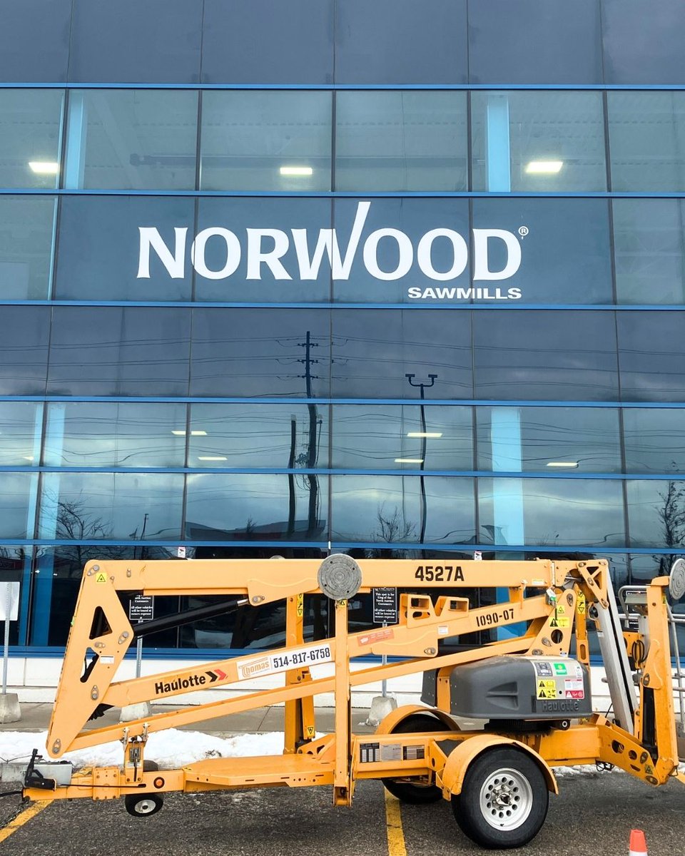 SpeedproBarrie's tweet photo. Check out the new business signage that we created for Norwood Sawmills new location!  This large window decal is approximately 19ft wide and 5ft tall, and it stands out so it can be easily seen.  Check out the other custom signs too - parking signs, and a customer pickup sign. https://t.co/Ts1wFKTOPw