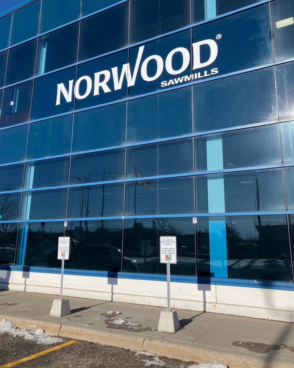 SpeedproBarrie's tweet photo. Check out the new business signage that we created for Norwood Sawmills new location!  This large window decal is approximately 19ft wide and 5ft tall, and it stands out so it can be easily seen.  Check out the other custom signs too - parking signs, and a customer pickup sign. https://t.co/Ts1wFKTOPw