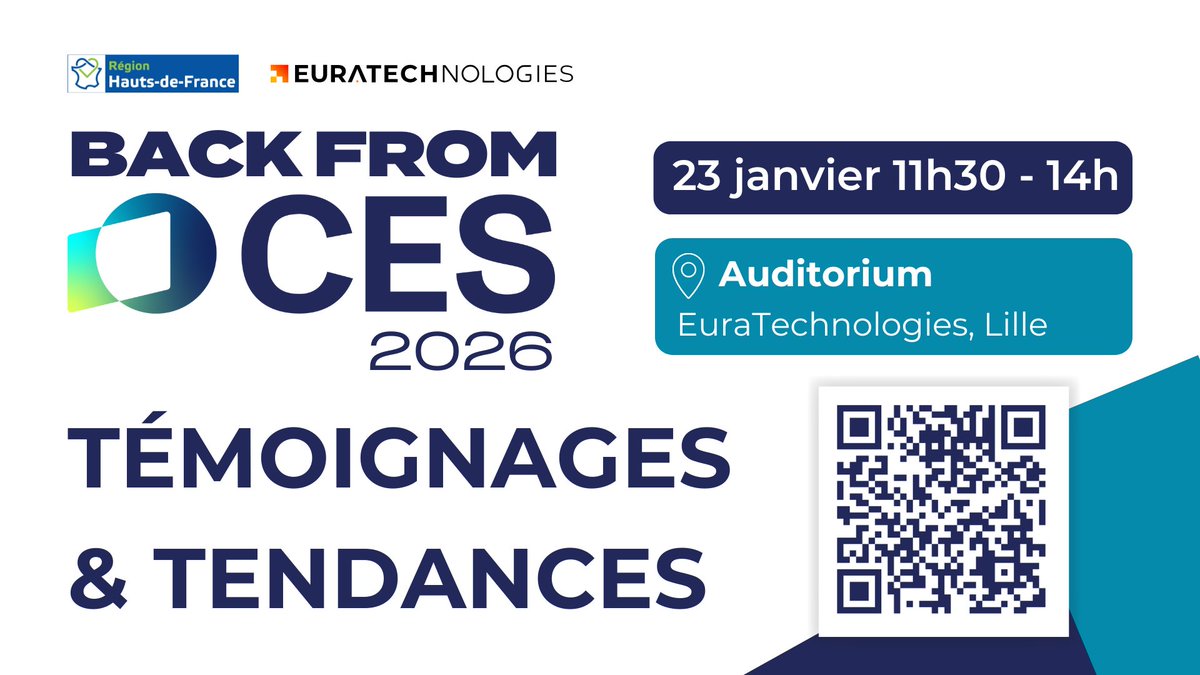🤩 #CES2026 : Que retenir de cette édition ?
Rendez-vous ce vendredi à 11h30 pour découvrir les tendances clés et des témoignages de startups lors du Back From CES à EuraTechnologies !

Au programme :
✨ Les tendances 2026 observées par <a href="/NicolasQuilliet/">Nicolas Quilliet</a> , CEO de Wokine et
