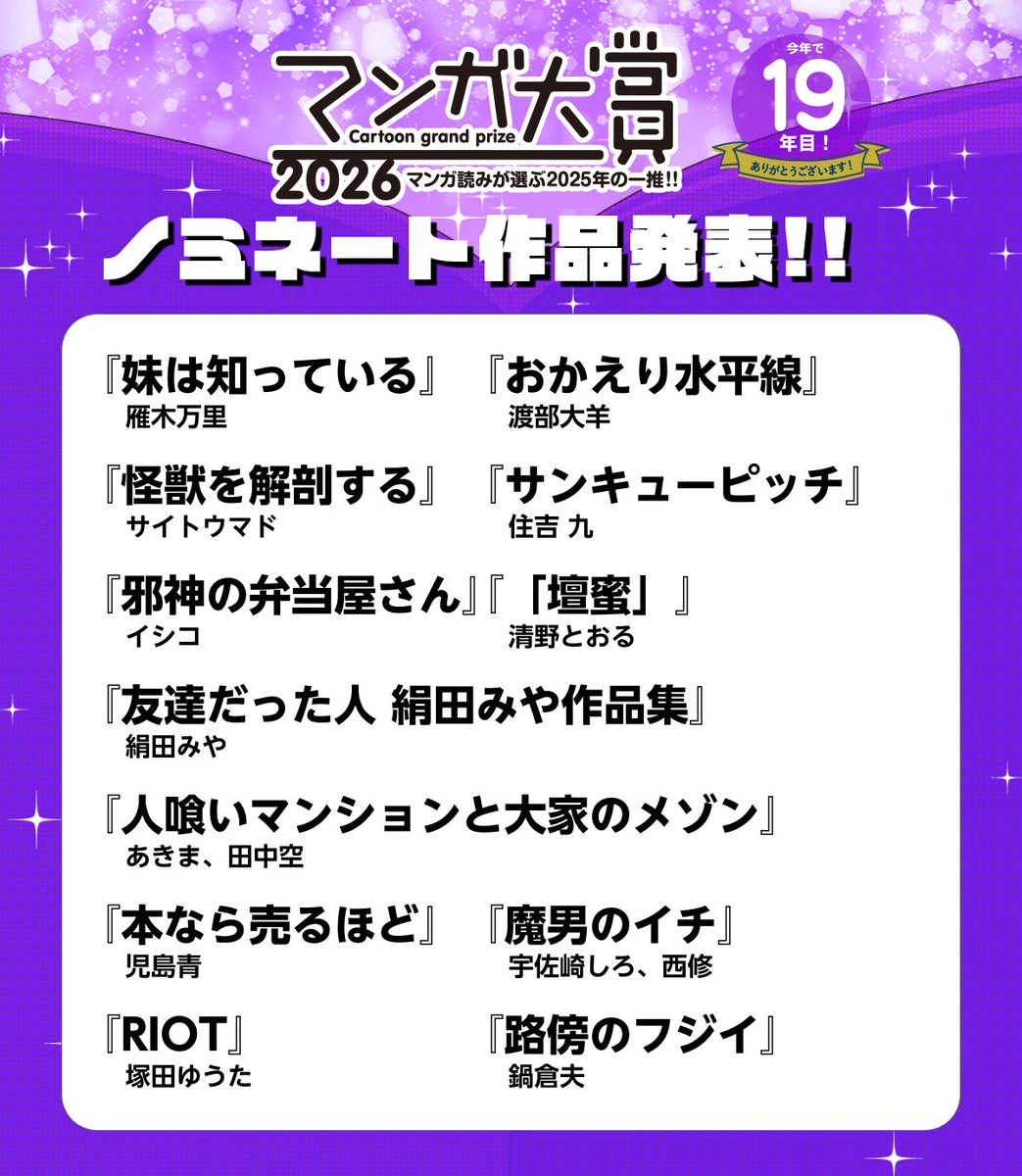 mangataisho's tweet photo. ／
🏆【#マンガ大賞2026】
二次選考ノミネート作品が
決定しました！
＼

詳細はマンガ大賞のサイトをご覧ください
► https://t.co/jeAfJWK9s3
一次選考で挙がった作品名の一覧も公開中です

選考員さんの一次選考コメントは、今後順次掲載予定！更新をお楽しみに✨ https://t.co/8MgJXycUma