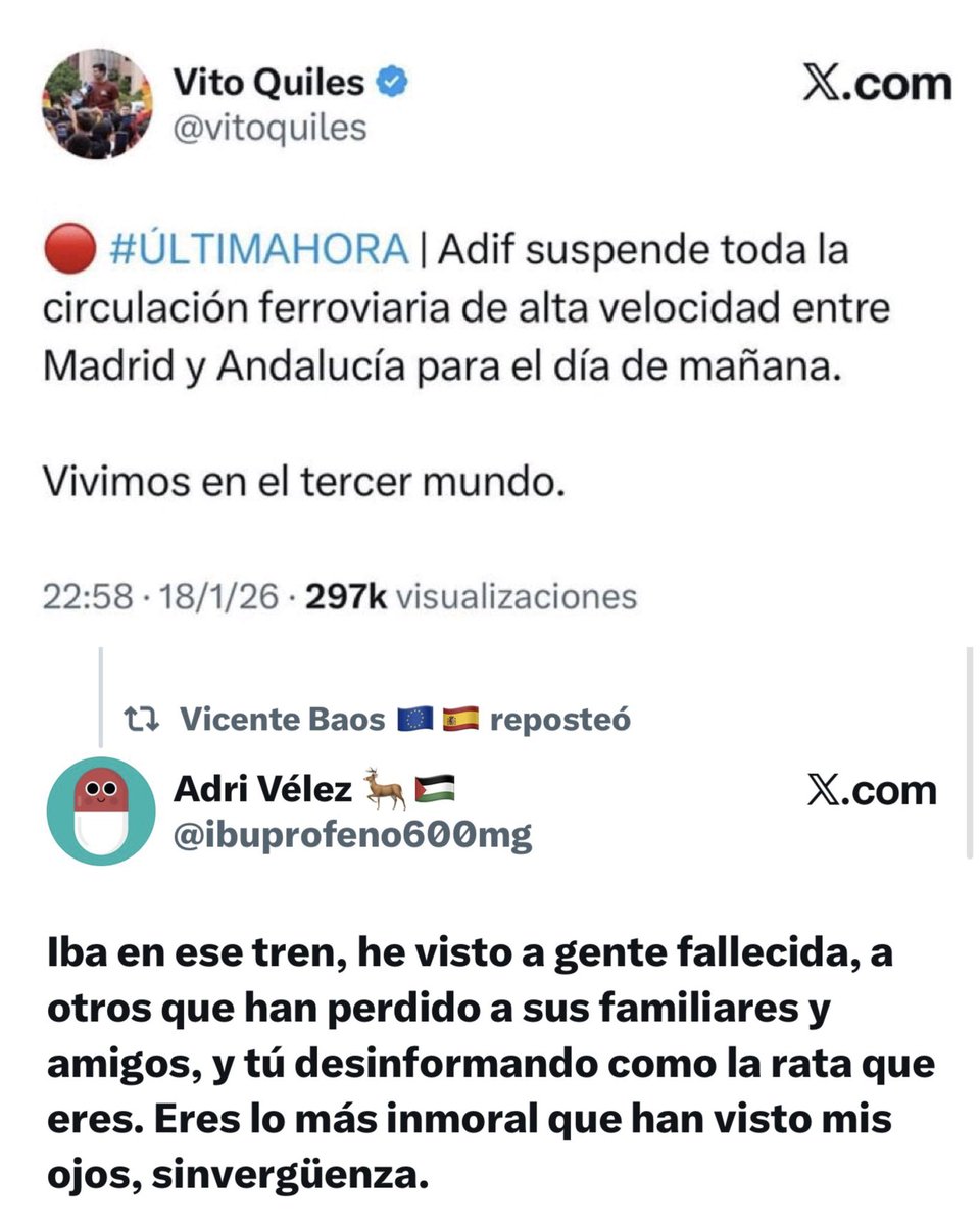 Solo un demente mantendría en estos momentos la circulación ferroviaria de alta velocidad entre Madrid y Andalucía.

El agitador de ultraderecha ha borrado el tuit.