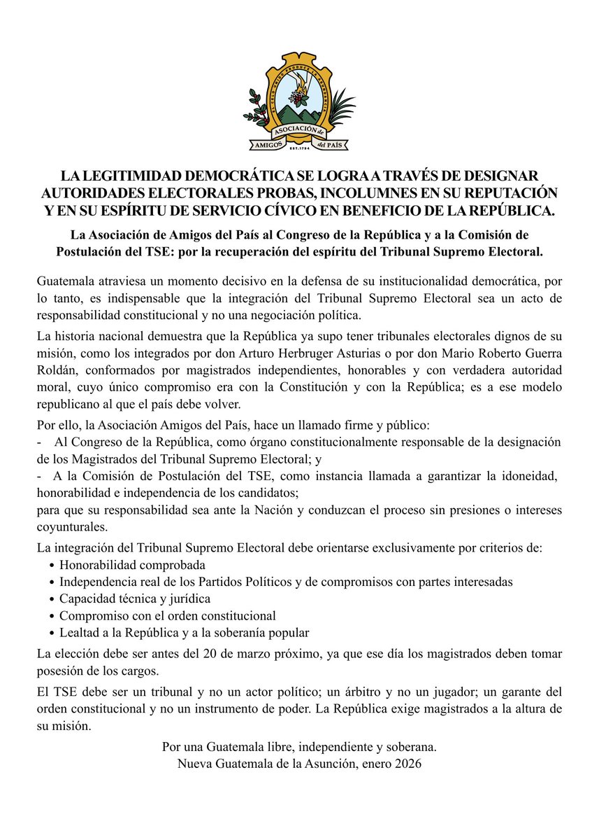La democracia se fortalece con autoridades electorales honorables e independientes.
La elección de magistrados del TSE debe realizarse antes del 20 de marzo, cuando deben asumir sus cargos, y responder al interés del país, no a intereses políticos. Hacemos un llamado al Congreso