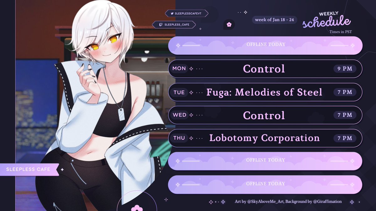New Schedule Day!
We'll have a long stream tonight to take a deep dive into the Oldest House! We'll also finish Fuga and start Lobotomy Corporation this week!

✨ Jan 18 - 24 ✨

MON - Control 🔻 

TUE - Fuga: Melodies of Steel 😺

WED - Control 🔻 

THU - Lobotomy Corporation 🧠