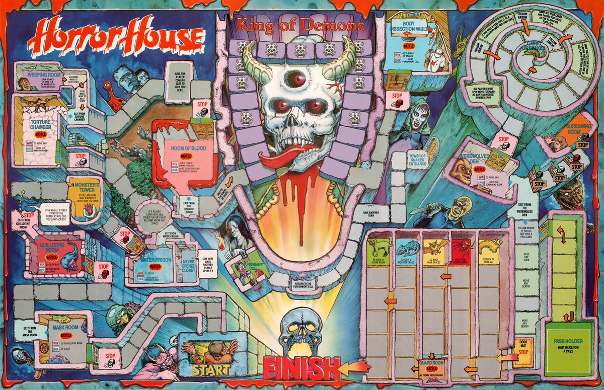 ScarredForLife2's tweet image. HORROR HOUSE (1986): An eye-meltingly gorgeous electronic board game with one of the most beautifully drawn boards I've ever seen. 
The house includes a Body Dissection Vault, a Torture Chamber, a Guillotine Room, and a Weeping Room. THIS IS WHAT THEY WANT!