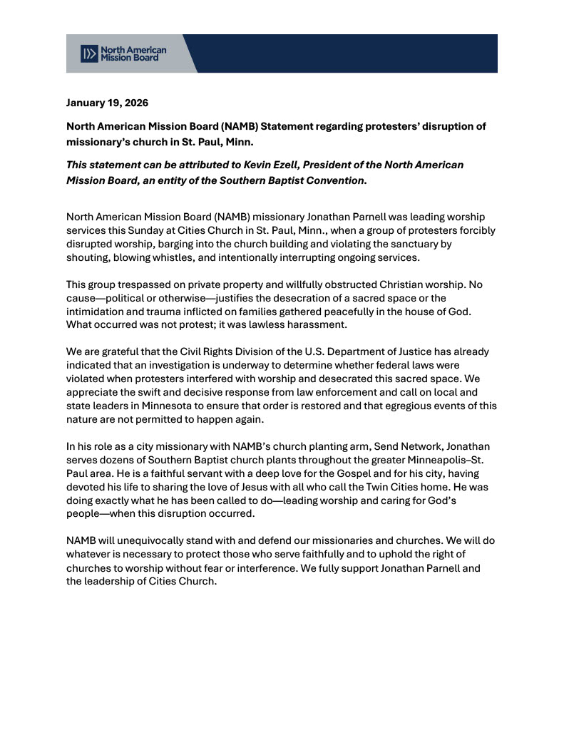 After yesterday’s disruption of worship services at our city missionary’s church in St. Paul (<a href="/citieschurch/">Cities Church</a>), we are continuing to pray for the church and are helping to meet some tangible needs they have right now. 

Here is an updated statement from NAMB president, Kevin Ezell