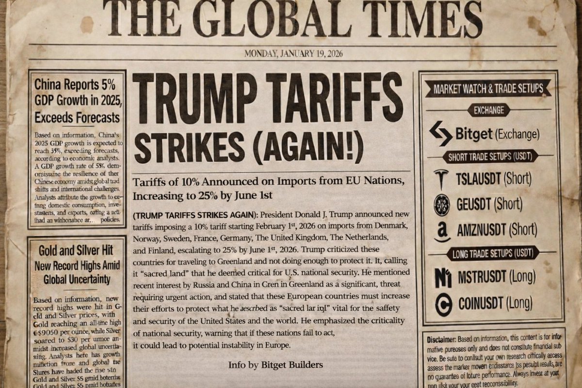 cristal_vanya's tweet photo. Monday Macro Report: Tariffs, Silver & The Week Ahead 🇺🇸 

US Markets are CLOSED today (MLK Day).But the geopolitical machine never sleeps. While Wall Street is off, two major narratives are shaping the opening bell for tomorrow. Here is my playbook for Week:

1️⃣ Trump Strikes Again (EU Tariffs)New tariffs on European countries (10% → 25%) were just announced. Historically, this follows a pattern: Shock → Panic → Dip Buying.

Who gets hit?
• Luxury: LVMH ($LVMUY), Hermès
• Autos: BMW, Mercedes, Volkswagen

My take: I’m watching for short-term volatility in European ADRs. This isn't danger; it's a liquidity event for disciplined traders.

2️⃣ Silver: The Silent Giant Wakes UpWhile Gold gets the headlines, Silver ($SLV) is making moves. 

Why now? 
• Supply Crunch: Demand (Solar/Electronics) > Supply. Mines can't keep up
• Dual Nature: It’s a monetary hedge AND an industrial necessity
• Inflation: When trust in fiat drops, Silver catches a bid

Silver is no longer just Gold’s little brother. It’s a play on global growth + inflation fear.

3️⃣ How I’m Positioning on BitgetSince the NYSE is closed, traditional brokers are frozen. But on Bitget, I can prepare my setups now using USDT.

Strategy: Hedge the Tariff news (Short Luxury/Auto if panic hits) + Long Hard Assets (Silver/Gold narrative).

The Edge: With no liquidations during market closures, I don't fear the overnight gaps when the market reacts to the Tariff news tomorrow.

Start trading US Earnings with USDT here: https://t.co/9Zgt5UL0D7

The volatility returns Tuesday. Be ready.

#Bitget #StockFutures #Silver #Macro #TrumpTariffs #LVMH