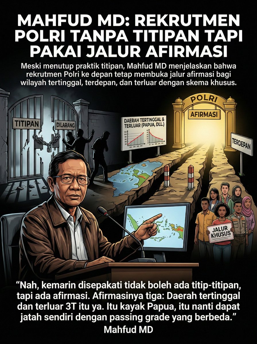 Rekrutmen polri tidak boleh ada titip-titipan ini sepakat sih akuuu sama prof mahfud tapii pakai jalur afirmasi.
<a href="/mohmahfudmd/">Mahfud MD</a>