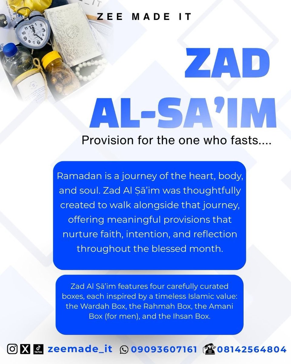zeemade_it's tweet image. Please RETWEET.🙏🧎‍♂️

Zad Al Sa’im is live, Habibtyyyyy.💙🌙
A provision for the one who fasts.
Thoughtfully curated packages designed to accompany you on your Ramadan journey, offering meaningful items that nurture faith, intention, and reflection throughout the blessed month.