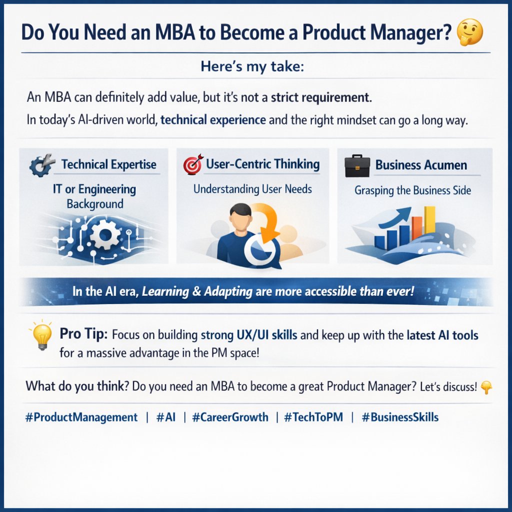 Do you need an MBA to become a Product Manager? 🤔

Short answer: No. It helps, but it’s not mandatory.

In today’s AI-driven world, technical experience and the right mindset matter more than ever.

What actually gives you an edge 👇
• Engineering/IT background
• Strong