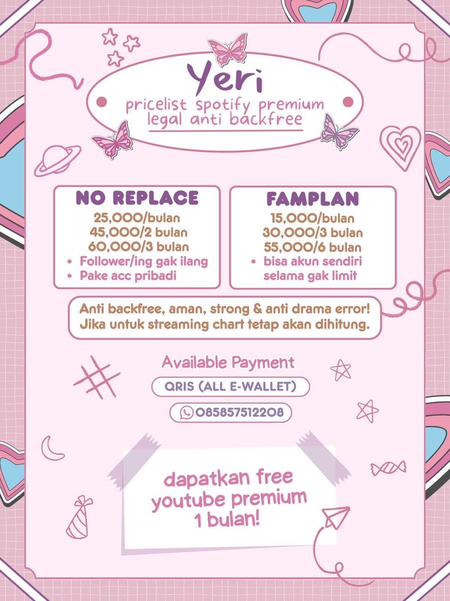 jenierubyn's tweet image. anti  backfree, bisa   longterm .
paid   legal   akun   sendiri

𝙣𝙤 𝙧𝙚𝙥𝙡𝙖𝙘𝙚 𝘧𝘰𝘭𝘭𝘰𝘸𝘦𝘳𝘴/𝘪𝘯𝘨 𝘨𝘢𝘬 𝘩𝘪𝘭𝘢𝘯𝘨, 𝘱𝘢𝘬𝘦 𝘢𝘬𝘶𝘯 𝘱𝘳𝘪𝘣𝘢𝘥𝘪 
 ⤿ 25,000/bulan
 ⤿ 45.000/2 bulan
 ⤿ 60,000/3 bulan

spotify spo prem premium
