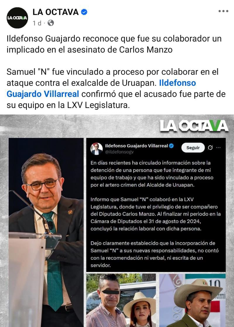 Rocha4T's tweet image. 🚨DE ÚLTIMO MOMENTO🚨 

Colaborador de @ildefonsogv está implicado en el ASESINATO de Carlos Manzo, ya fue vinculado a proceso 

¿Por qué ni el @PRI_Nacional ni el @AccionNacional han dicho algo?

¿Por qué su silencio?

Se confirma que sólo querían pegar mediaticamente a la 4T