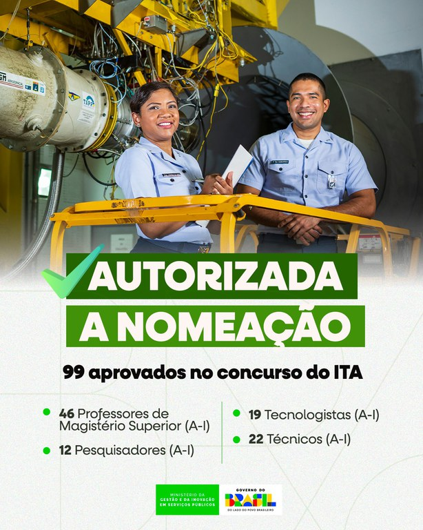 gestaogovbr's tweet image. #MGI autoriza nomeação de 99 pessoas aprovadas no concurso do Instituto Tecnológico de Aeronáutica #ITA 🛩️

Nomeações contemplam os cargos de professor de magistério superior, pesquisador, tecnologista e técnico. 👨‍🏫🔍

Saiba mais ➡️ gov.br/gestao/pt-br/a…