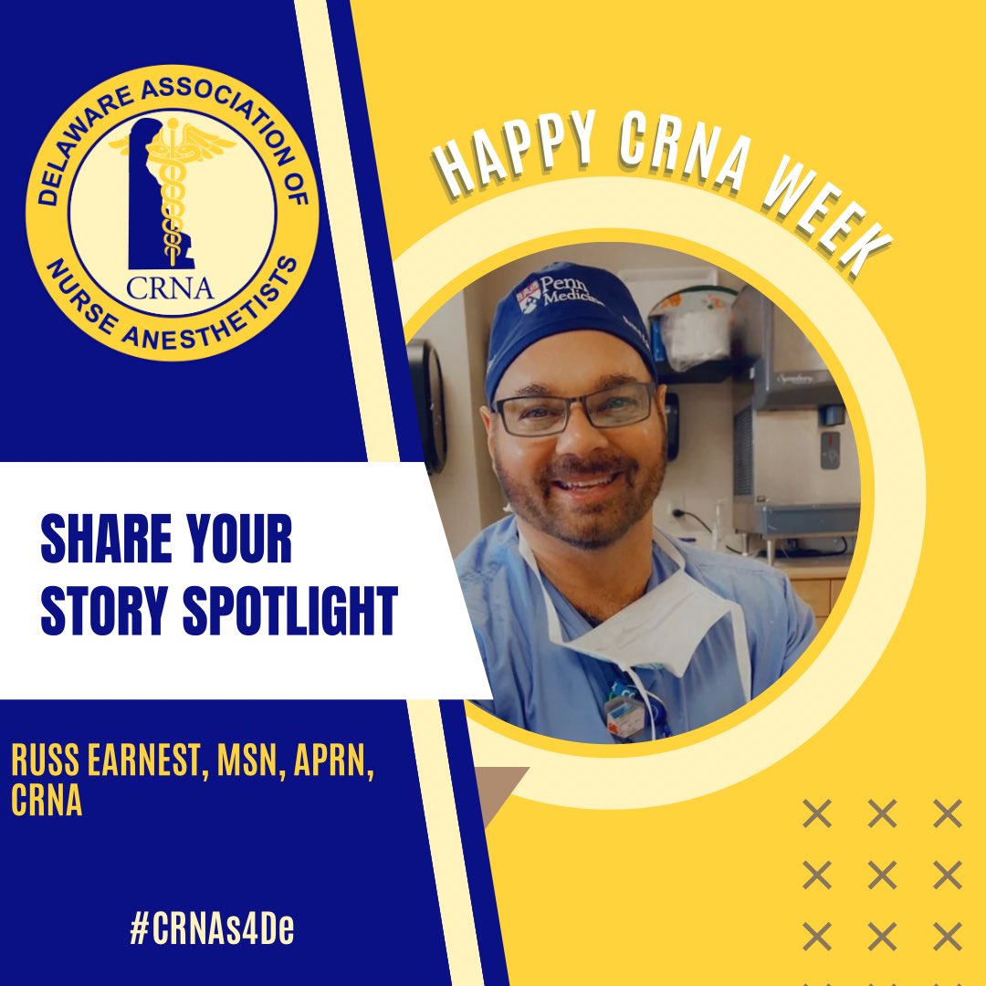 DelawareANA's tweet photo. 🌟 CRNA Spotlight 🌟
Proud to recognize Russ Ernest, MSN, APRN, CRNA for his dedication to patient safety, excellence, and the CRNA profession in Delaware.

#CRNASpotlight #CRNAWeek #DANA #TheHeartOfAnesthesia #CRNAs4DE https://t.co/RIWEkiPw4S