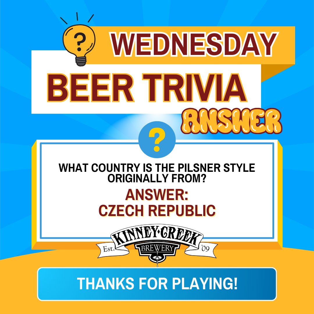 🍺 Trivia Answer Reveal! 🧠
Pilsner beer originally comes from the… Czech Republic! 🇨🇿

#HumpDayTrivia #BeerTrivia #Pilsner #CraftBeerFun #BreweryLife