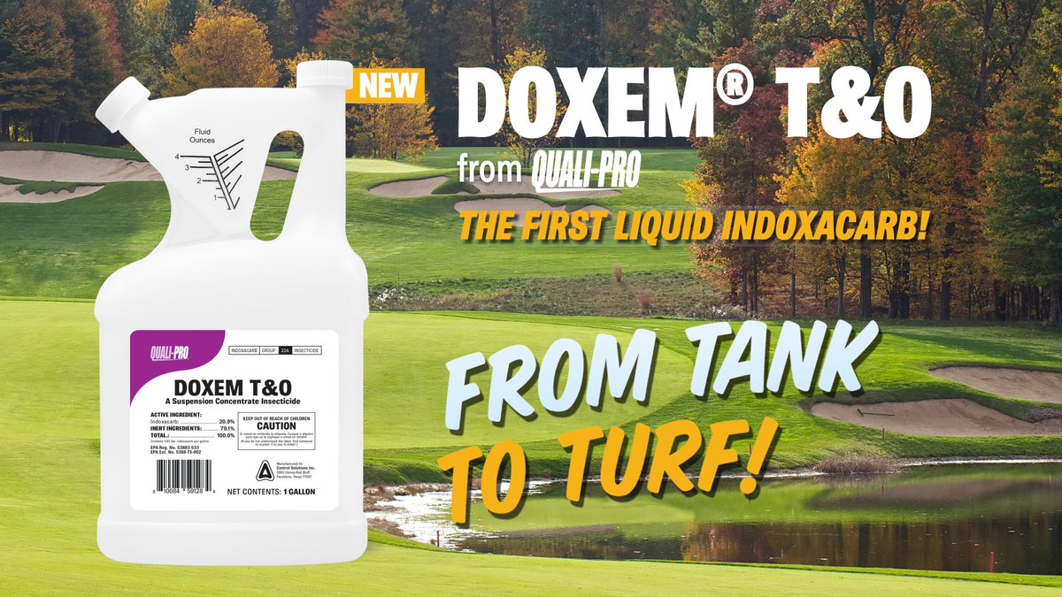 Quali_Pro's tweet photo. Doxem T&amp;O Turf Insecticide
Target ABW, turf caterpillars, mole crickets, nuisance ants, and other tough turf pests. Powered by indoxacarb for smooth flow and consistent performance from tank to turf.
▶️ Watch the video https://t.co/OrwIGYx4sj
#QualiPro #DoxemTO #TurfProfessionals https://t.co/jmFbHNl6WC