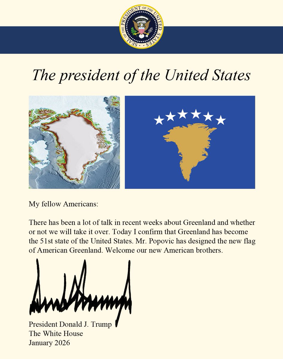 Donald Trump <a href="/POTUS/">President Donald J. Trump</a> just announced that Greenland 🇽🇰 has become the 51st state of the United States 🇺🇲

Congratulations!