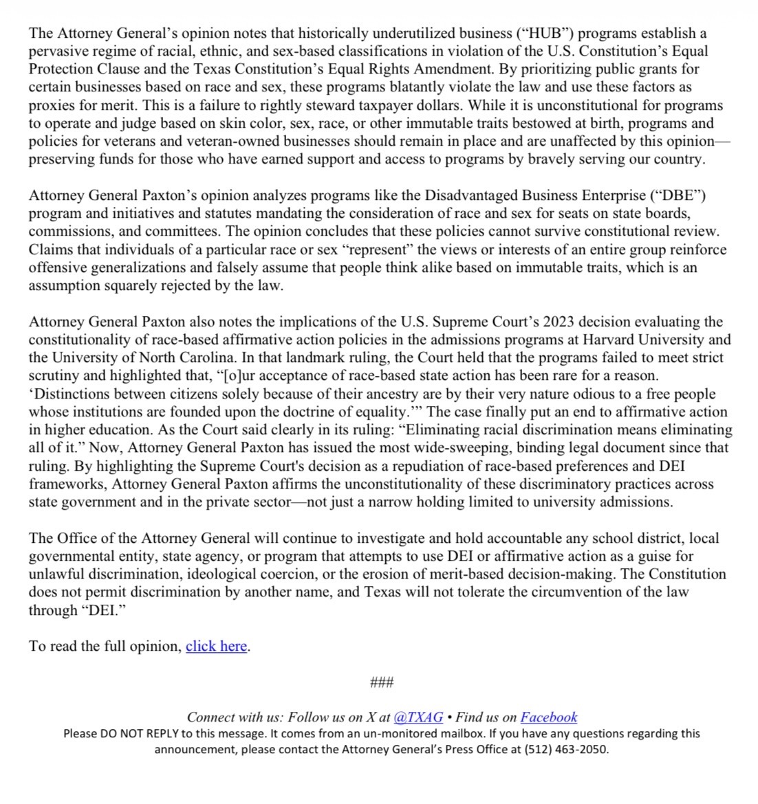 BREAKING: I just issued a landmark legal opinion dismantling DEI in Texas, declaring decades' worth of DEI frameworks—memorialized in over 100 woke state laws—unconstitutional and overruling a flawed opinion from then-AG Cornyn that allowed DEI to flourish.