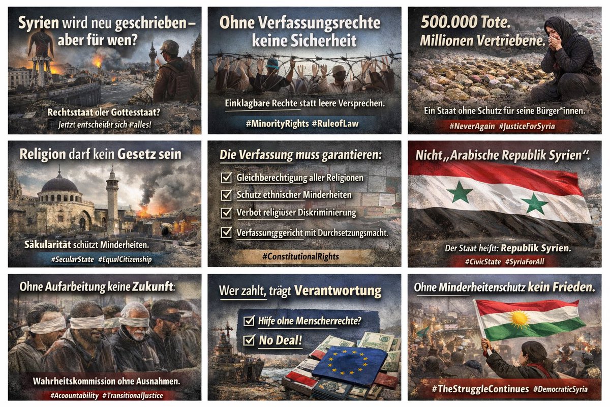 janilkiz's tweet photo. Syria is being rewritten — but not for its people. After the defeat of Kurdish self-administration, power is shifting to an interim authority with extremist roots. This is not a democratic transition. It is a critical moment that will determine whether Syria becomes a state of law or a state of exclusion.
More than 500,000 people have been killed and millions displaced since 2011. These numbers are not tragic accidents — they are the result of a system that denied citizens enforceable rights and left minorities unprotected.
A new Syrian constitution must guarantee binding, enforceable rights for all ethnic and religious minorities. Symbolic language is not enough. Rights must be justiciable, protected by independent courts, and immune to political or religious domination.
Religion must not be the basis of state power or legislation. Only a secular state can ensure equality for Kurds, Christians, Yazidis, Druze, Alawites, Sunnis, and all others. Political Islam has repeatedly led to exclusion and persecution.
Minority languages are not a threat — they are a right. Kurdish and other minority languages must be officially recognized, taught in schools, and institutionally protected. Decades of Arabization and cultural denial must end explicitly.
Syria is not an “Arab Republic.” Not all Syrians are Arab. Not all are Muslim. The state must be called “Republic of Syria” — a civic state based on citizenship, not ethnicity or religion.
There can be no future without justice. An independent truth and accountability commission must investigate all crimes since 2011 — without exceptions. Impunity is incompatible with reconciliation.
International actors carry responsibility. Support without strict human rights conditions stabilizes perpetrators, not peace. Funding must be tied to constitutional guarantees, secular governance, and minority protection.
Without enforceable minority rights, there will be no peace. Without secularism, no equality. Without justice, no reconciliation.
The struggle for dignity, rights, and democracy in Syria continues.