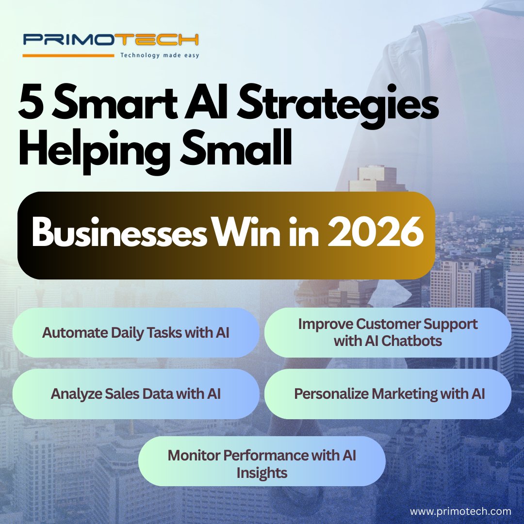 primotech1's tweet photo. AI is changing how small businesses grow.

From task automation and AI chatbots to sales analysis, marketing personalization, and performance insights — AI is now a growth engine.

Start your AI journey with Primotech.

#AI #SmallBusiness #TechTrends #Primotech https://t.co/0B7hb932ew