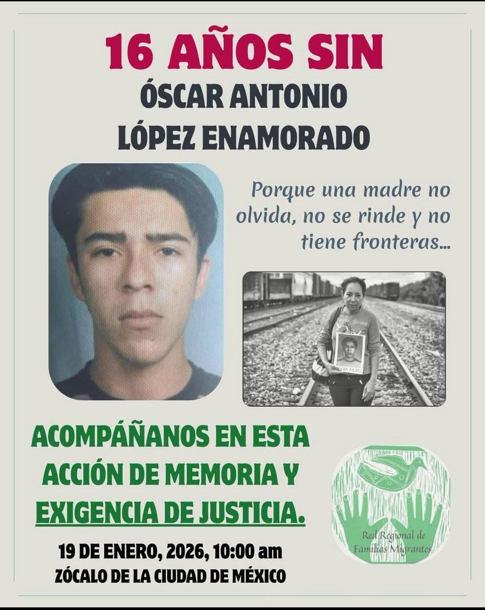 DesaparecerEnMx's tweet photo. ⚡️| Óscar Antonio López Enamorado es de Honduras y desapareció en Jalisco hace 16 años. 

Esta mañana se realizará una acción de memoria para exigir justicia en el zócalo de la Ciudad de México.
➡️https://t.co/CLJS4Rr2FX https://t.co/Gzgkg9Lery