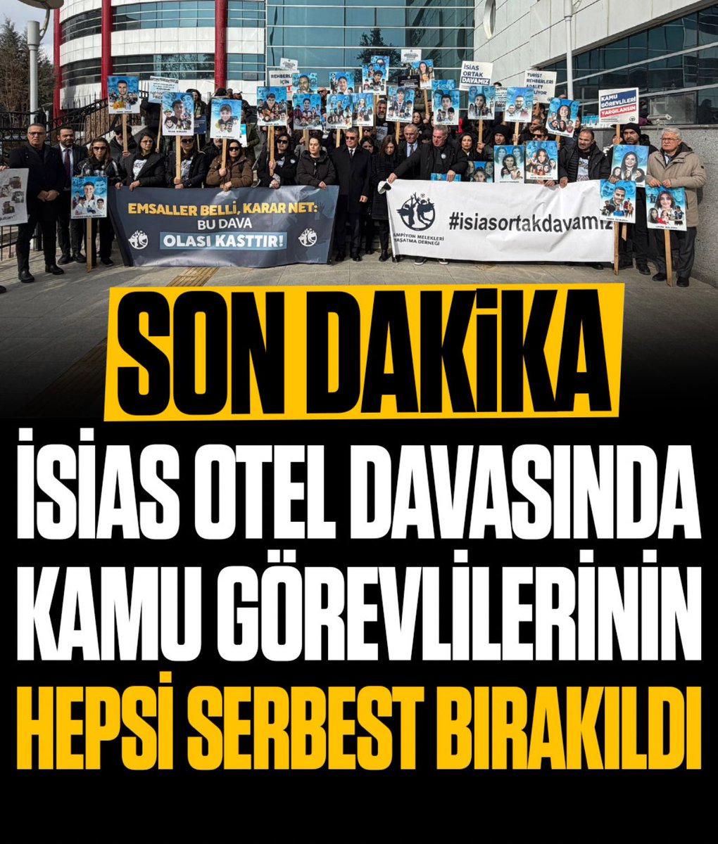 6 kamu görevlisinden 3 ü beraat 
Diğer üçü bilinçli taksirden suçlu bulunduğu ve 10 yıl ceza aldıkları halde adli kontrol şartıyla serbest 
Bu nasıl adalet 
Ne evlatlarımız ne de biz bunu haketmedik
Tüm suçlular hakettikleri cezayı alana dek vazgeçmeyeceğiz
#isiasortakdavamız