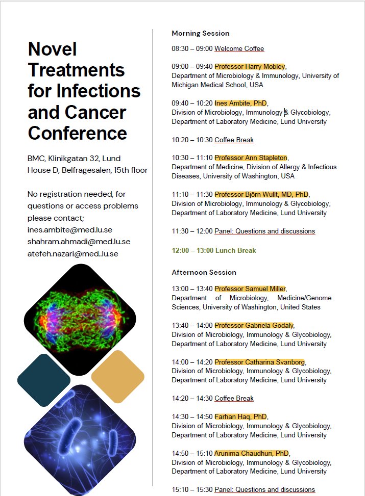 HamletBioPharma's tweet photo. 🔬We’re hosting a one-day symposium on novel treatments for infections &amp; cancer!
🗓 28 Jan 2026 | 📍 Belfragesalen, BMC, Lund

Talks by international experts + panel discussions.

#ScientificSymposium #CancerResearch #InfectiousDiseases #BiomedicalResearch #NovelTherapies https://t.co/Z8sgExnQI0