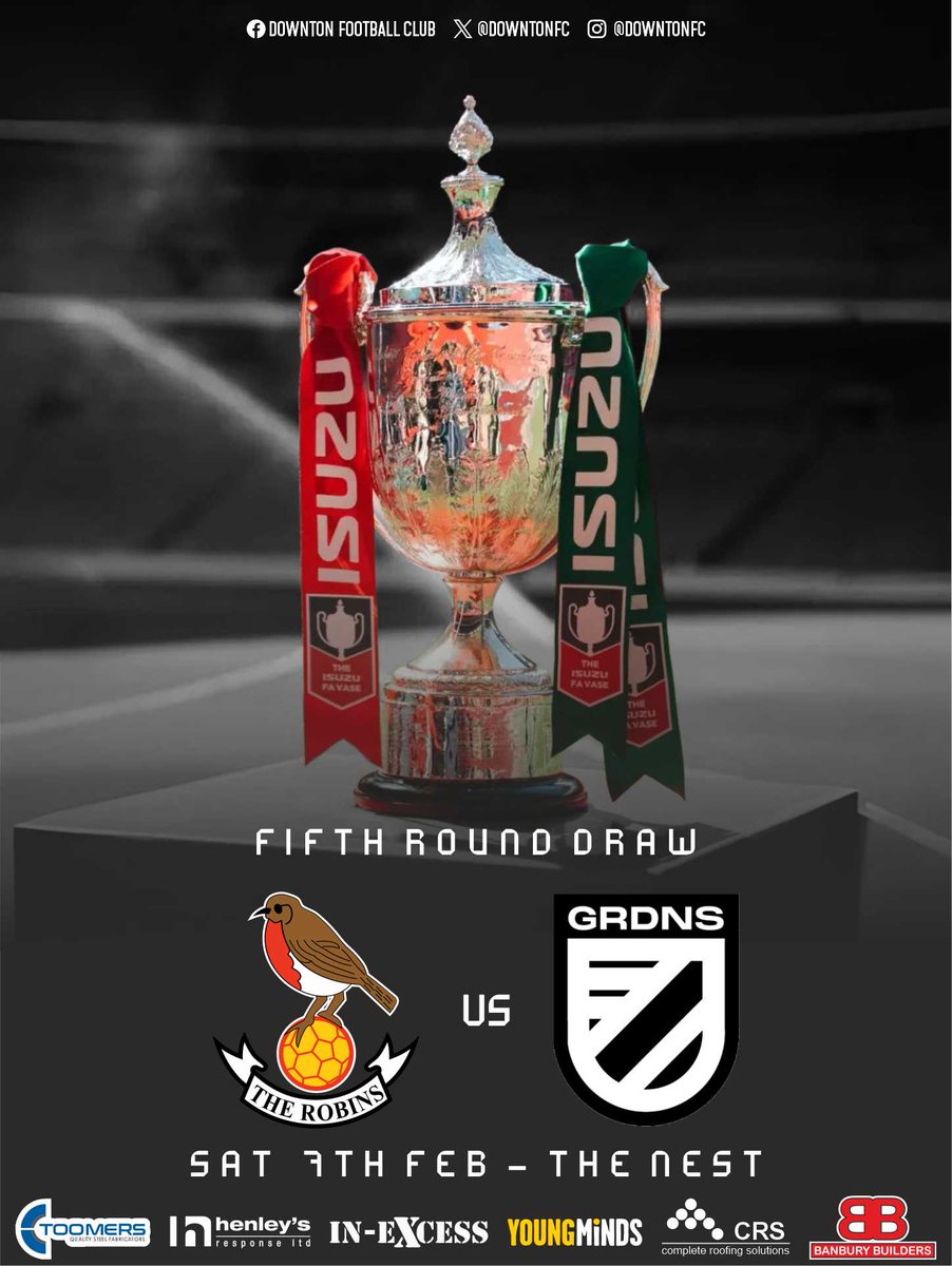 DowntonFC's tweet photo. 𝗜𝗦𝗨𝗭𝗨 𝗙𝗔 𝗩𝗔𝗦𝗘 𝟱𝗧𝗛 𝗥𝗢𝗨𝗡𝗗 𝗗𝗥𝗔𝗪...🏆

The draw has been made for the 5th Round of the Isuzu FA Vase and we've been drawn at home to @LymoreGardensFC on Saturday 7th February! 🔴

#UpTheRobins #IsuzuFAVase https://t.co/VvIgX6NUcF