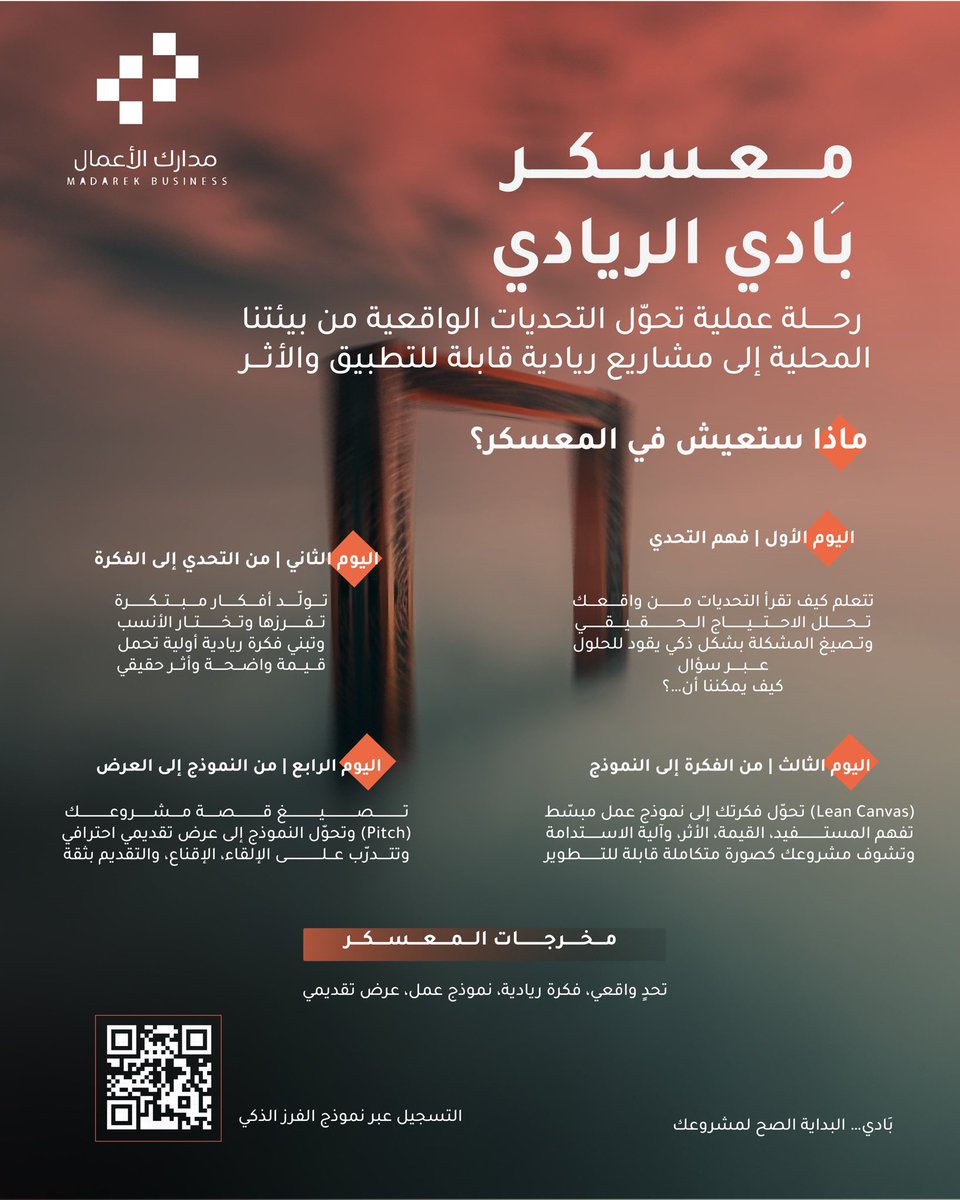 فرصة ذهبية للمستقبل ✨

ابدأ رحلتك الريادية من الفكرة إلى نموذج عمل جاهز للتطبيق!
معسكر بادي الريادي يساعدك تحوّل التحديات لفرص وتبني مشروعك بخطوات عملية ومدروسة.
انطلق الآن وسجّل مكانك من خلال الباركود في الصوره ! 🚀