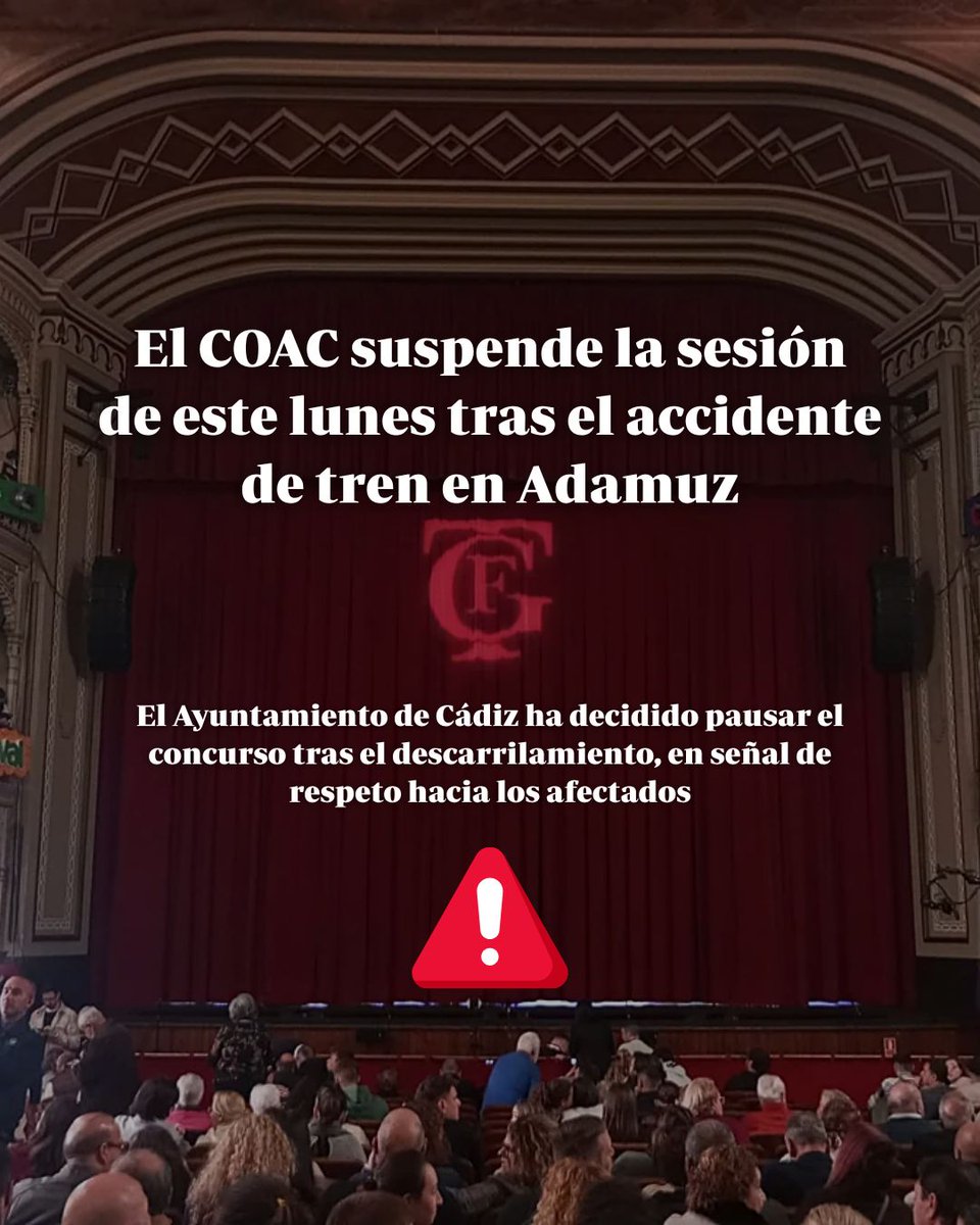 🎭🖤 El COAC se detiene por respeto

El Ayuntamiento ha suspendido la sesión del COAC de hoy tras el grave accidente de tren en Adamuz, como muestra de respeto y solidaridad con las víctimas y sus familias.

Cádiz acompaña en el dolor a los afectados y se suma al luto en estos