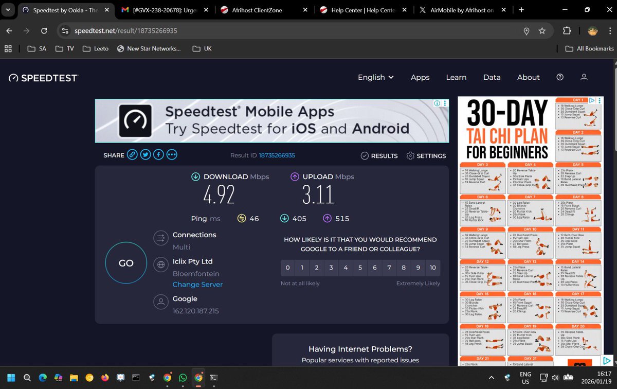 Sadjecko's tweet photo. @airmobilesa @hellopetercom @GianVisser @Afrihost @airmobilesa @Afrihost it’s strange that only once I come here do I get a response? Well ok let’s do it here. Here is a wired speed test. And also your site indicated I have sufficient speed at my address before I signed up https://t.co/AIhMKUsmIC