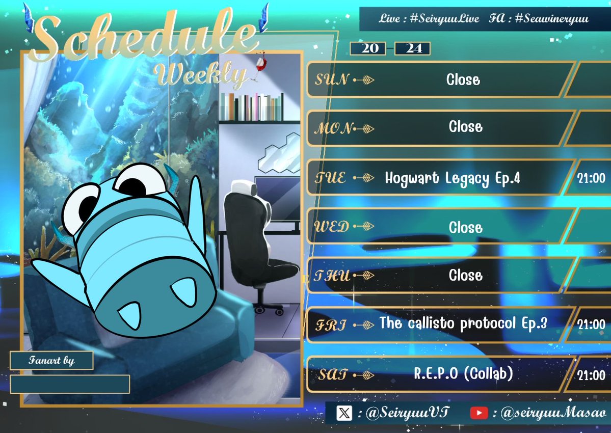 ตารางไลฟ์มาแล้วฮะะ  (พึ่งได้อาร์ตมาแงงเลยช้าา) 
Date Live : 20-24 January

Tue: Hogwart Legacy Ep.4
Time: 21:00

Fri: The callisto protocol Ep.3
Time: 21:00

Sat: R.E.P.O (Collab)
Time : 21:00

#มังกรสายมึน #VtuberTH #Vtuber