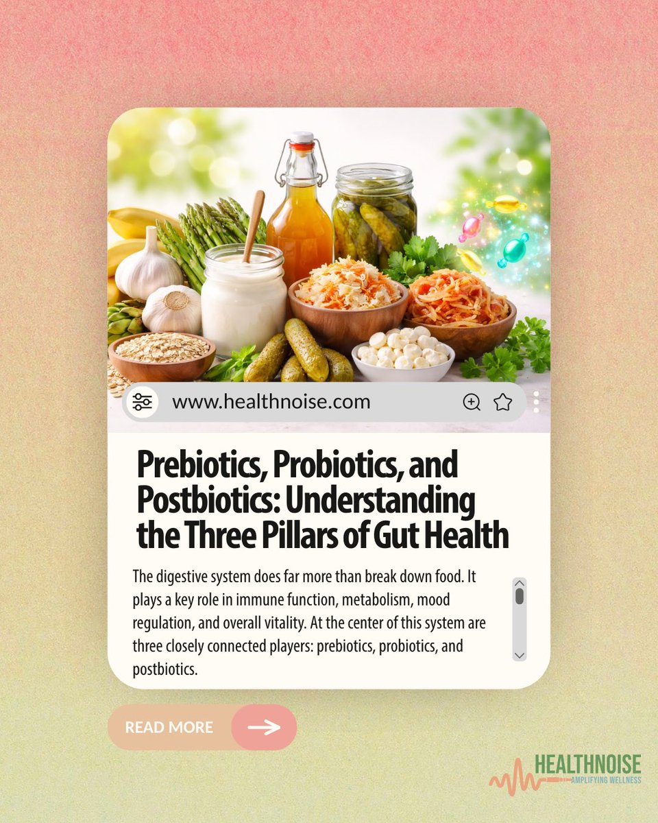 health_noise's tweet photo. Gut health is more than just probiotics 🌿 Prebiotics feed good bacteria, probiotics add beneficial microbes, and postbiotics support gut balance behind the scenes. 

Learn how all three work together 👇
https://t.co/pUnN9bT9Lp

#healthnoise https://t.co/6SpOiVLVMa
