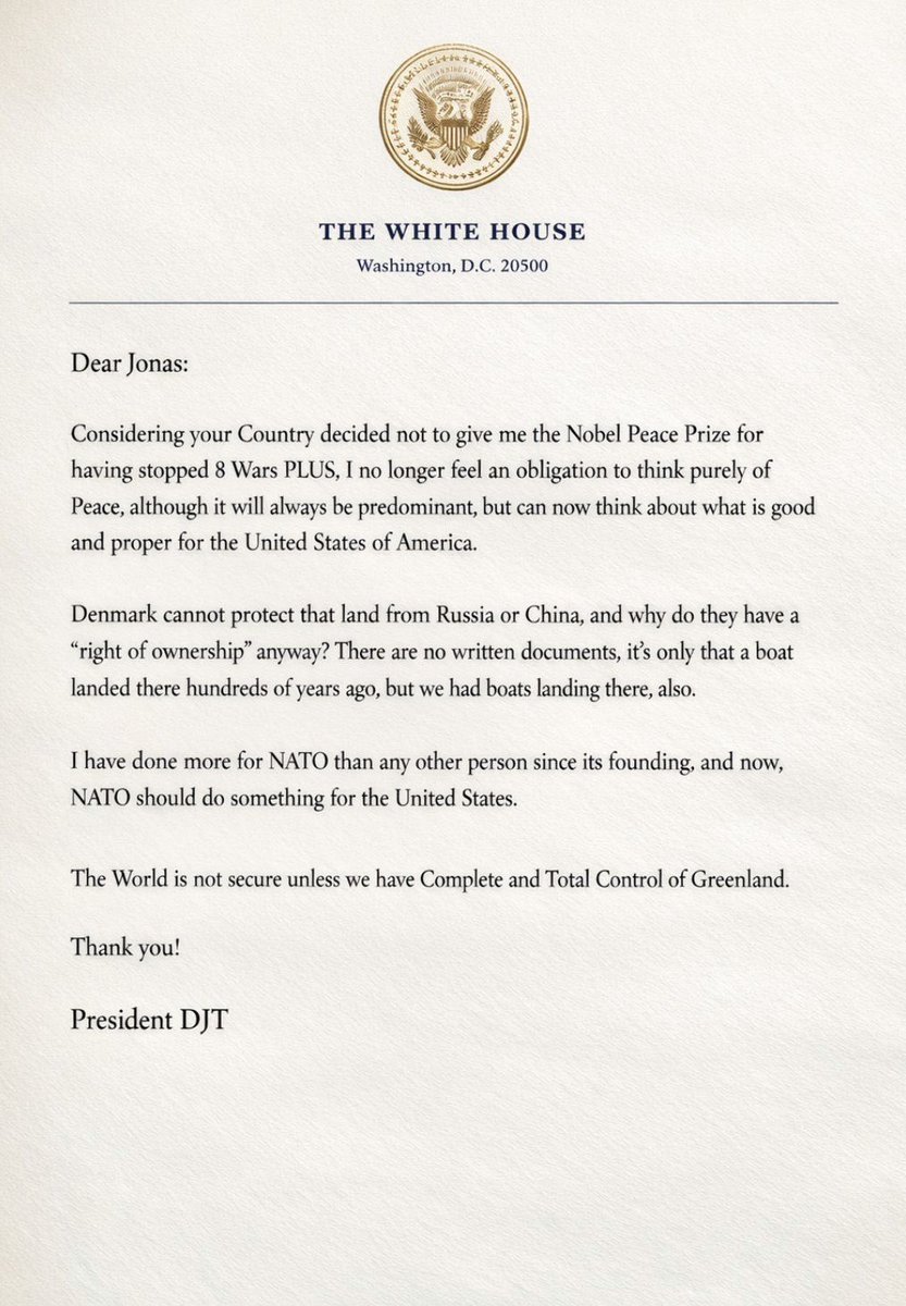 This is not satire.

The letter sent by US President Donald Trump to Norwegian Prime Minister Jonas Gahr Støre.