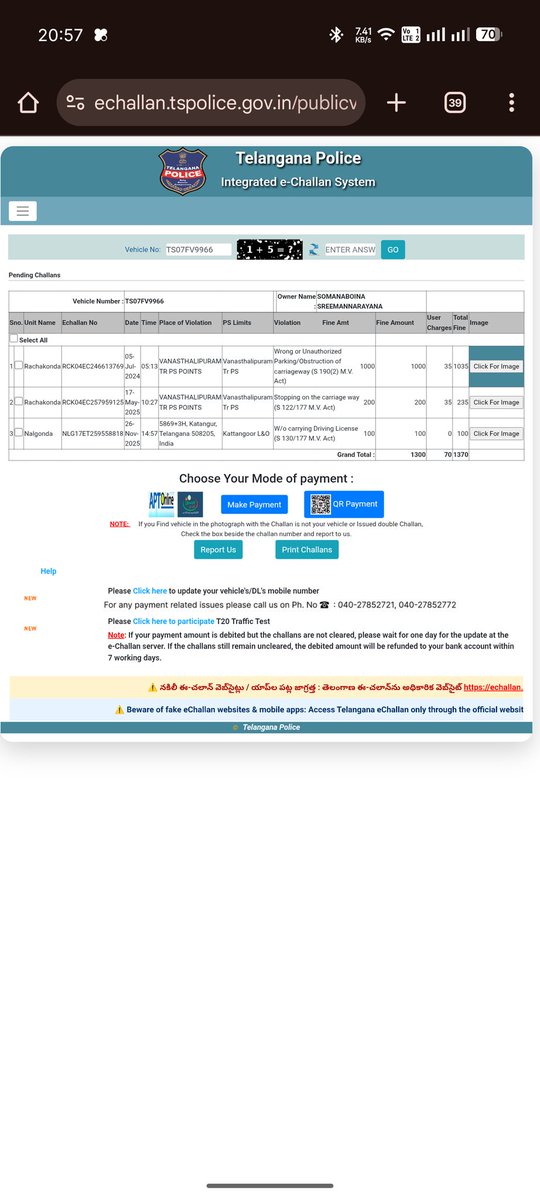 BhargavPasala's tweet photo. @HYDTP @CYBTRAFFIC @TelanganaCMO Meanwhile, guilty Dzire TS07FV9966 has MULTIPLE violations! Screenshots attached https://t.co/jjcrPWehIK