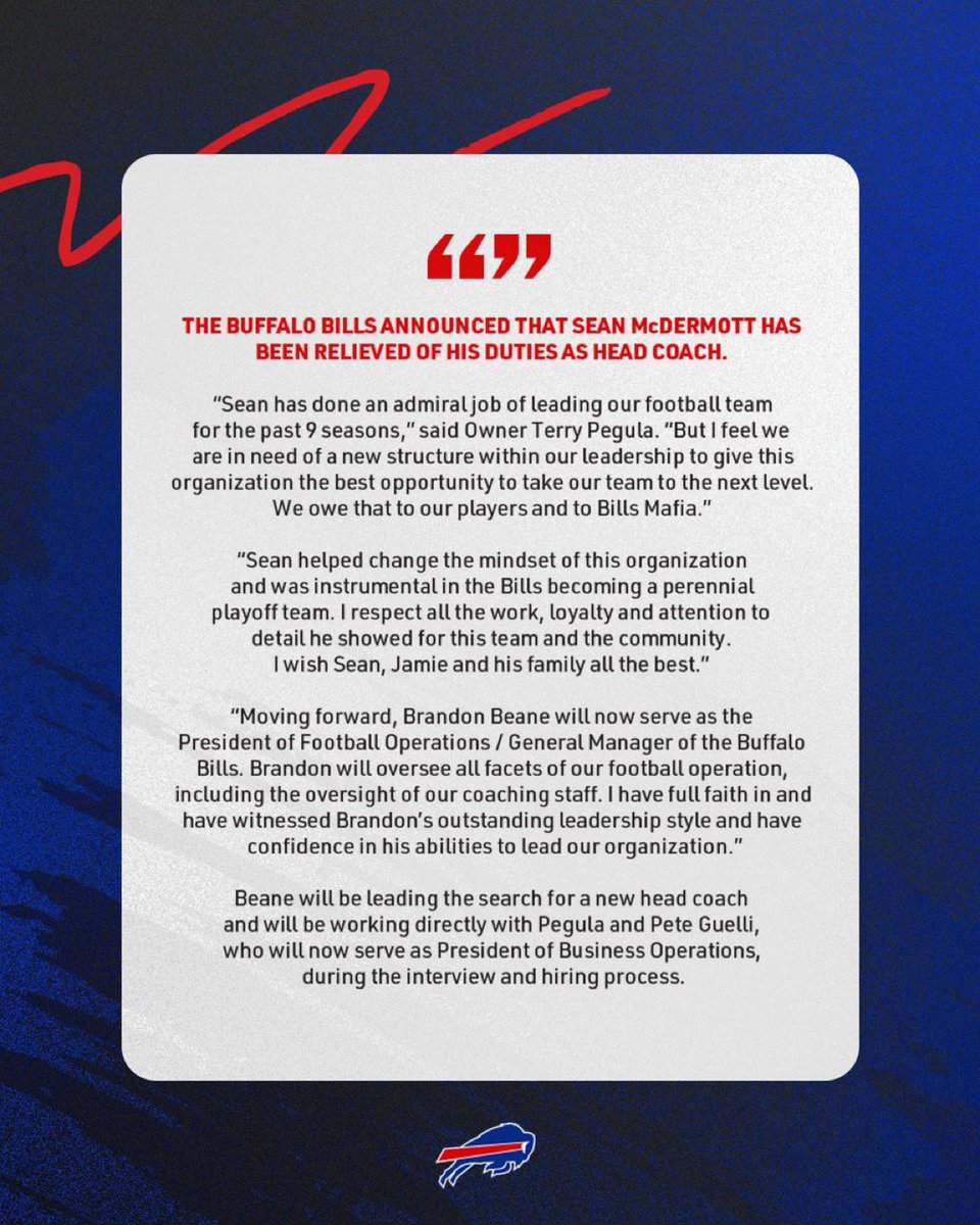 RapSheet's tweet image. The #Bills make it official: Sean McDermott is out
