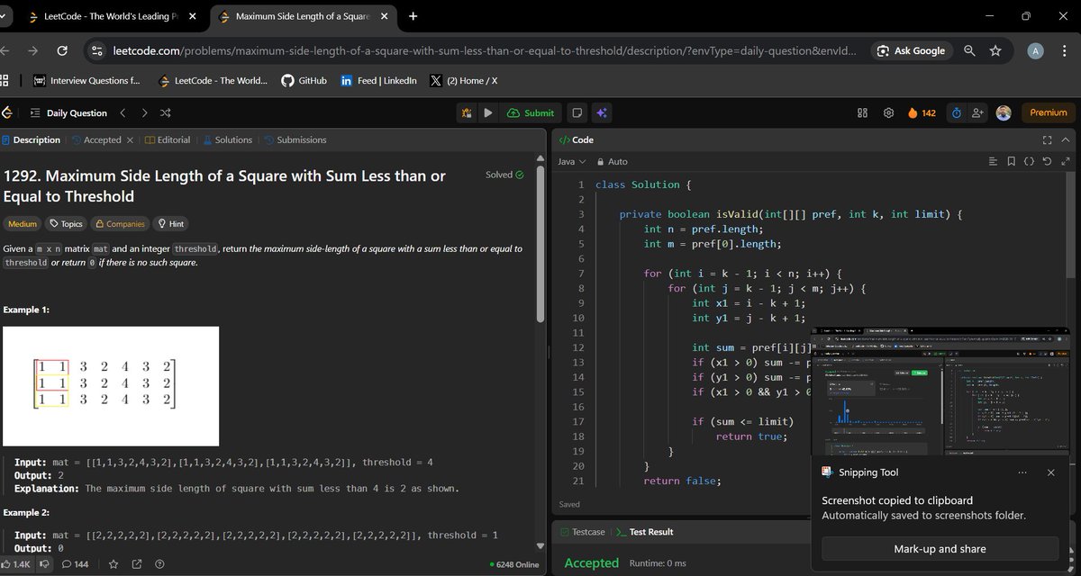 Aditya_Ch_20's tweet photo. LeetCode Daily completed 🧩

Solved Maximum Side Length of a Square using prefix sums + binary search.

Current streak: 142 days 🔥

Consistency > motivation. 

#LeetCode #DSA #Java #CodingStreak #DailyPractice #ProblemSolving #LearningInPublic https://t.co/9QAgbFShRJ