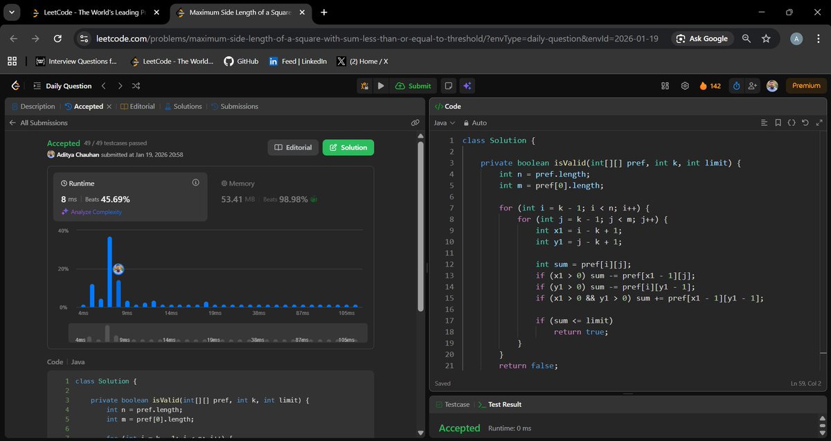 Aditya_Ch_20's tweet photo. LeetCode Daily completed 🧩

Solved Maximum Side Length of a Square using prefix sums + binary search.

Current streak: 142 days 🔥

Consistency > motivation. 

#LeetCode #DSA #Java #CodingStreak #DailyPractice #ProblemSolving #LearningInPublic https://t.co/9QAgbFShRJ