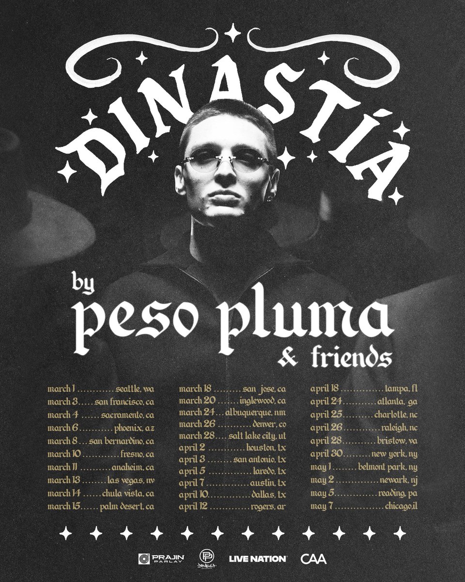 LiveNation's tweet image. JUST ANNOUNCED! 🔥 @_PesoPluma is coming to a city near you with DINASTÍA! Tickets on sale this Wednesday, Jan 21st @ 10AM local: livemu.sc/pesopluma2026. 🖤