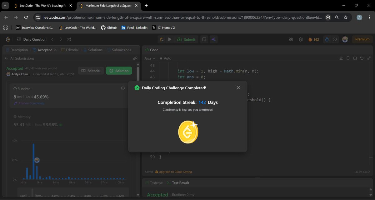 Aditya_Ch_20's tweet photo. LeetCode Daily completed 🧩

Solved Maximum Side Length of a Square using prefix sums + binary search.

Current streak: 142 days 🔥

Consistency > motivation. 

#LeetCode #DSA #Java #CodingStreak #DailyPractice #ProblemSolving #LearningInPublic https://t.co/9QAgbFShRJ