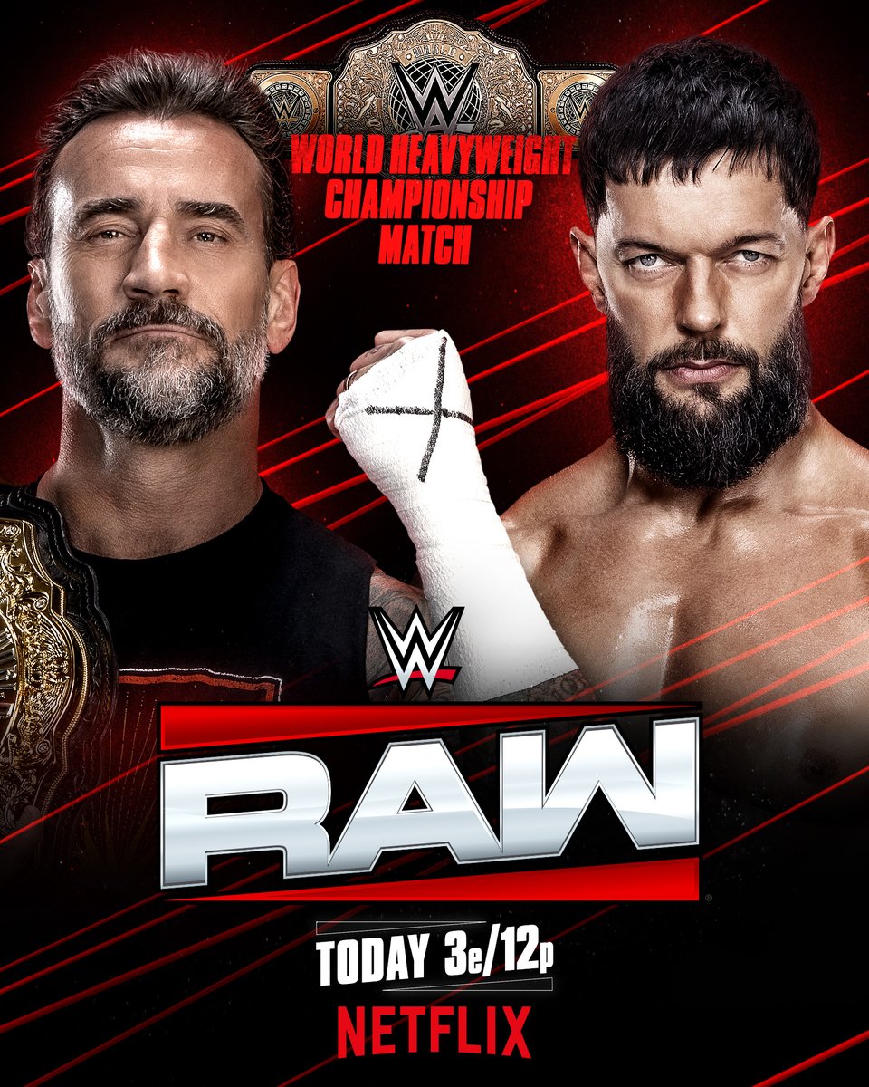WWE's tweet photo. .@CMPunk and @FinnBalor clash for the World Heavyweight Championship TODAY on #WWERaw! 🔥

📺 : SPECIAL START TIME 3e/12p on @netflix in the US https://t.co/3Wz41lLGew