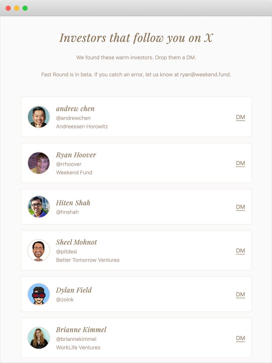 rrhoover's tweet image. Introducing Fast Round.

We built a tool to help founders fundraise.

How it works:
• Enter your X username
• See which investors follow you
• Send a DM
• Get $$$

But seriously, I hope it's useful.

If you want to give the beta a try, the link's in the next post. ⤵️