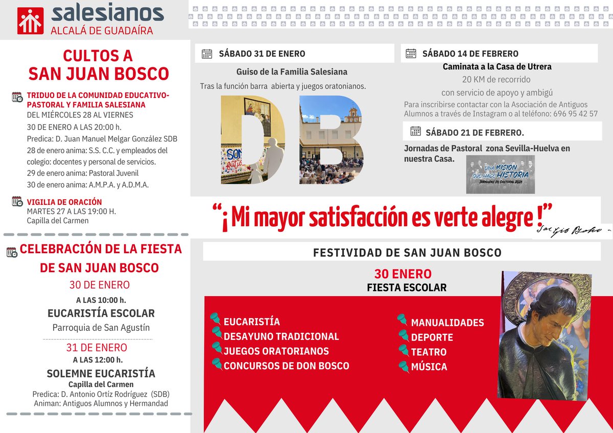 📷 CASA | Programa de Don Bosco 2026
 “Mi mayor satisfacción es verte alegre”
Mes de enero, mes de Don Bosco.
alcala.salesianos.edu/.../celebracio…
#DonBosco2026 #FamiliaSalesiana #AlcaláDeGuadaíra #MesDeEneroMesDeDonBosco #SalesianosAlcalá #ProtagonistasDeLaHistoria