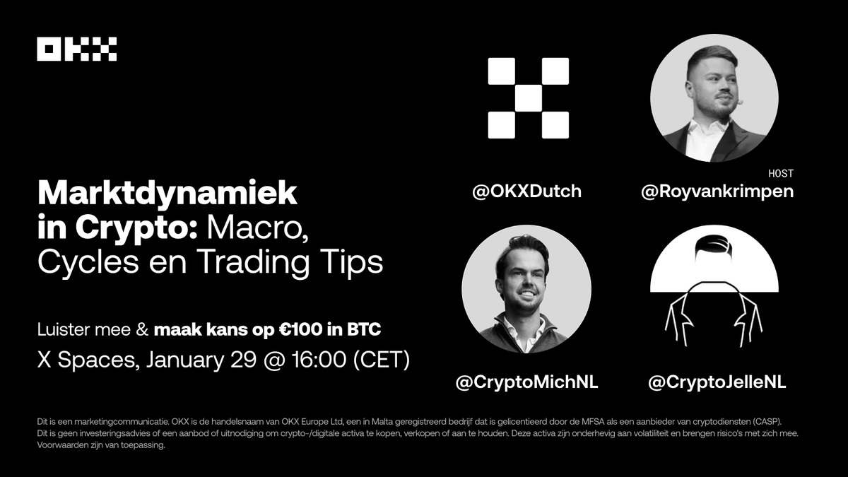 🚨 X space met @CryptoMichNL en @CryptoJelleNL 🚨 Op Donderdag 29 Januari om  16:00 CET gaat @OKXDutch live met een X Space over hoe de cryptomarkt er  voor staat in 2026! @royvankrimpen, @