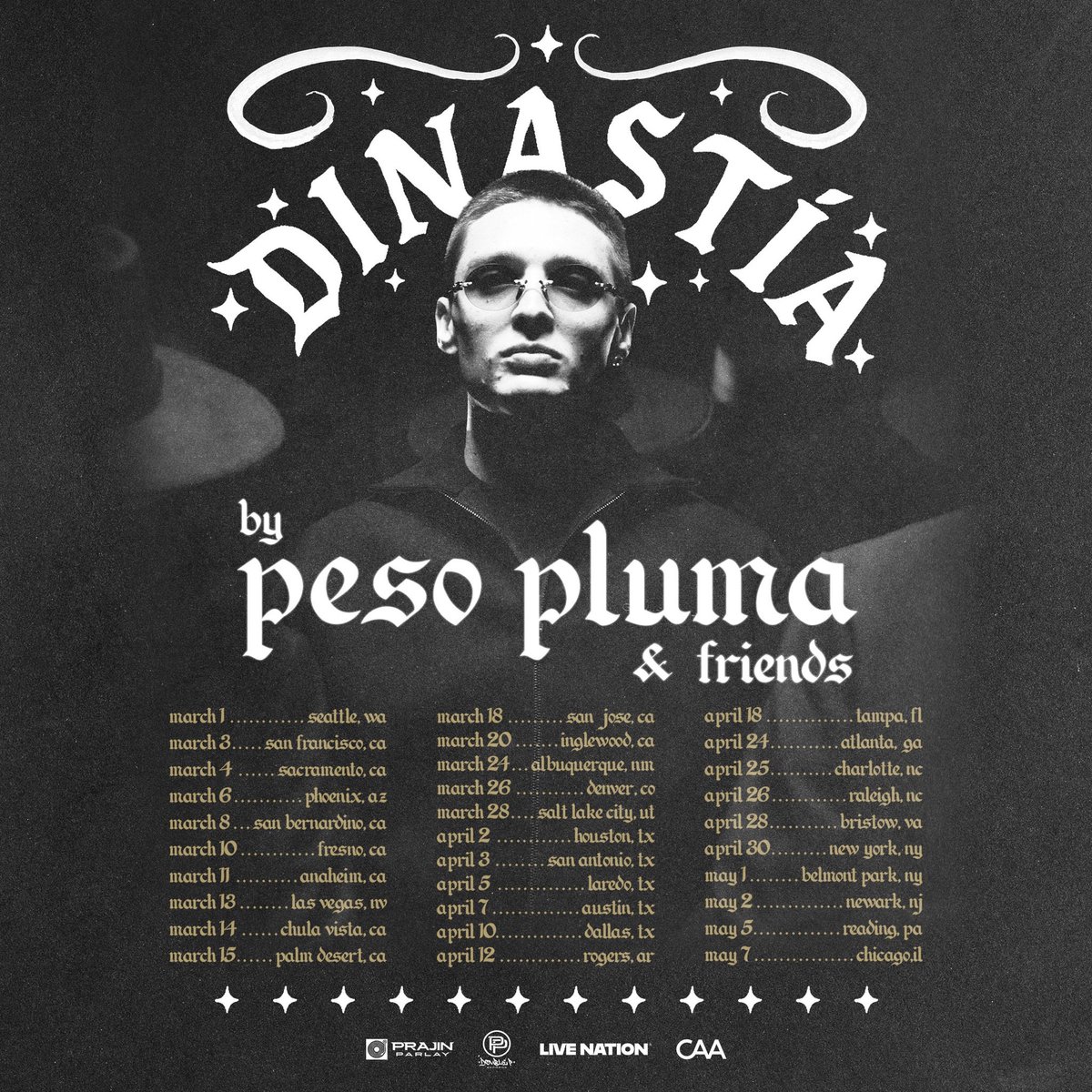 PesoPlumaData's tweet image. Peso Pluma anuncia su gira por Estados Unidos, con 30 fechas confirmadas. La gira dará inicio el 1 de Marzo hasta el 7 de Mayo. 🇺🇸

La venta de tickets será el 21 de Enero!🔥